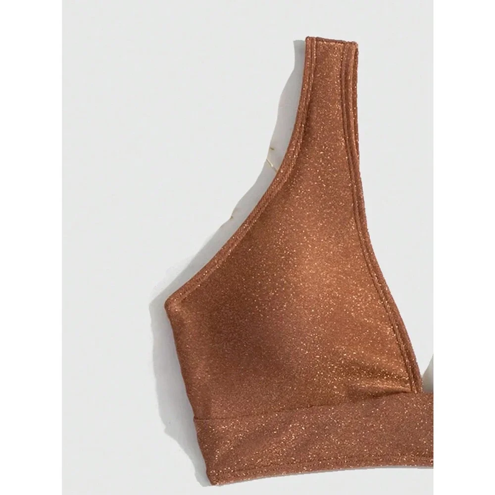 SweatyRocks Women's Rust Brown Solid V Neck High Waist Bikini Set Summer M